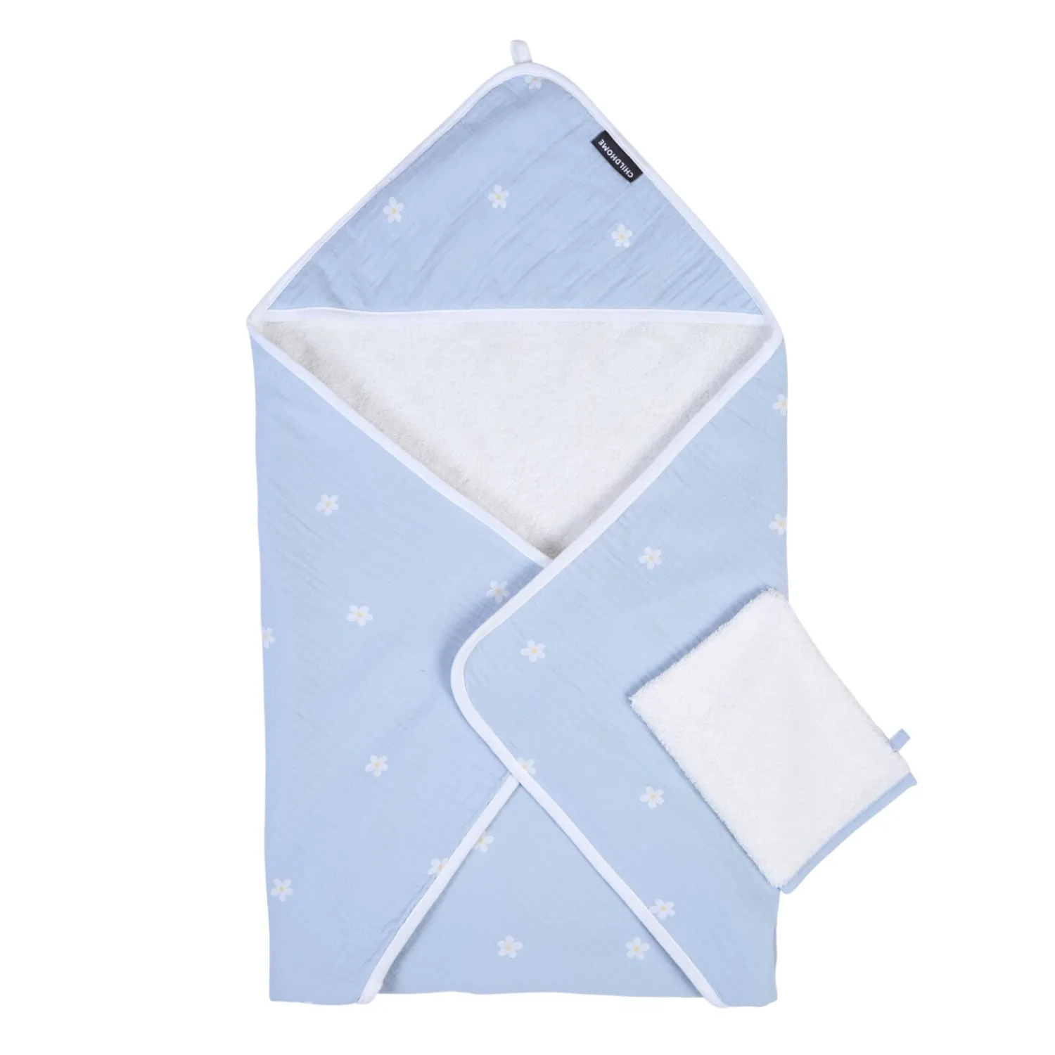 BÉABA Cape De Bain + Gant - 80x80 Cm - Mousseline Fleur - Bleue< Capes De Bain