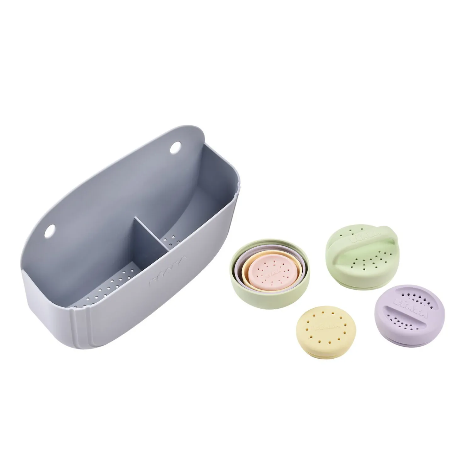 BÉABA Coffret de bain : panier et jouets de bain silicone Galet / Menthe au lait / Multi couleurs< Baignoires Et Accessoires
