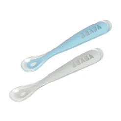 BÉABA Lot 2 cuillères 1er âge silicone avec boite de transport Bleu/Gris< Couverts Vaisselle Et Bavoirs
