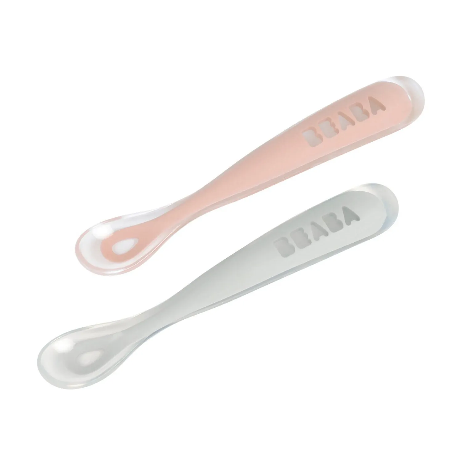 BÉABA Lot 2 cuillères 1er âge silicone avec boite de transport Rose/Gris< Couverts Vaisselle Et Bavoirs