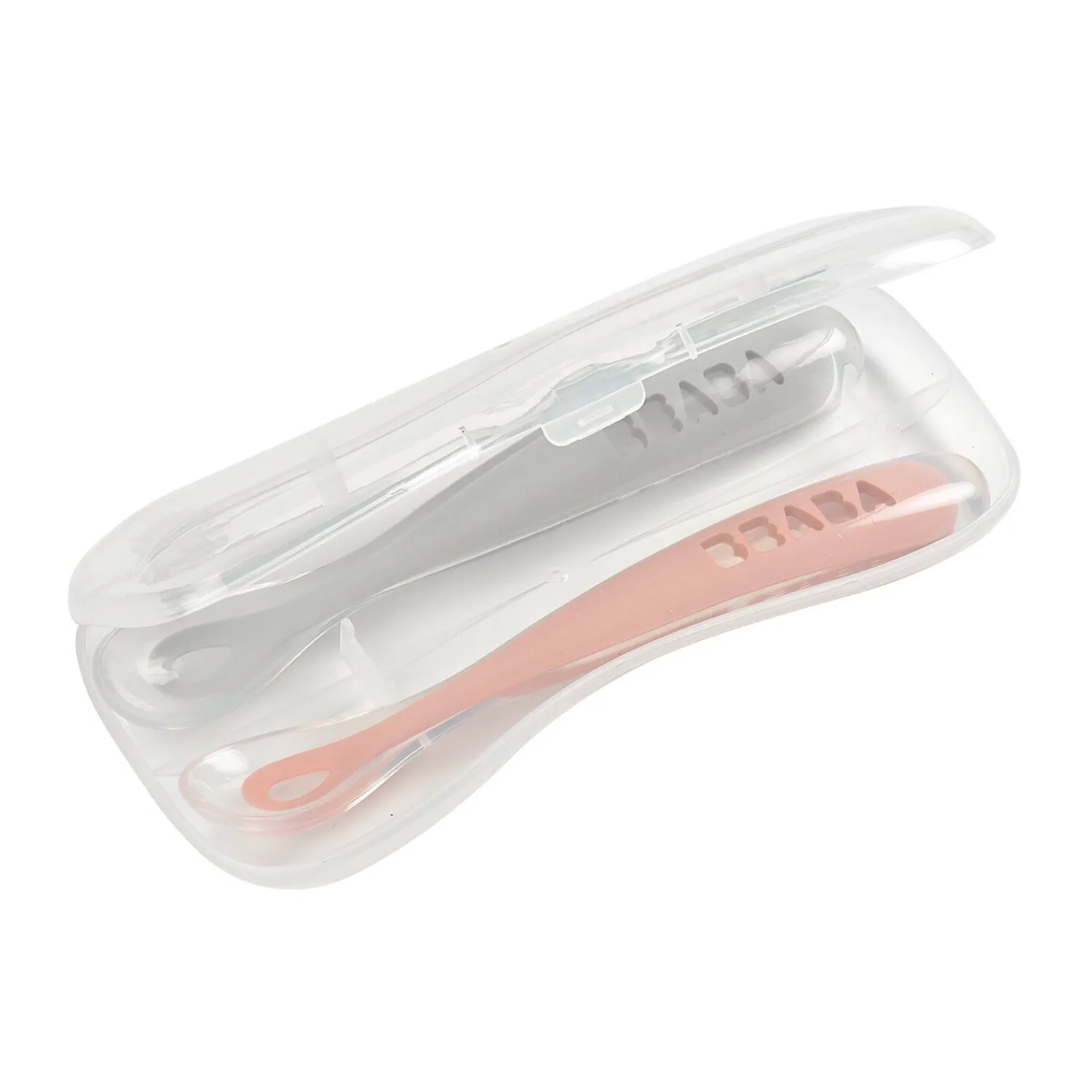 BÉABA Lot 2 cuillères 1er âge silicone avec boite de transport Rose/Gris< Couverts Vaisselle Et Bavoirs