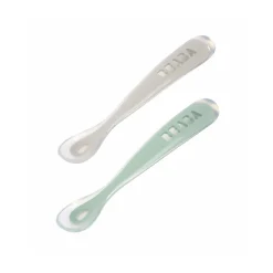BÉABA Lot 2 cuillères 1er âge silicone avec boite de transport Vert sauge/Gris velours< Couverts Vaisselle Et Bavoirs