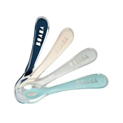 BÉABA Lot 4 cuillères 2ème âge silicone Bleu/Rose/Gris< Couverts Vaisselle Et Bavoirs