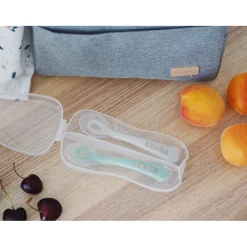 BÉABA Lot 2 cuillères 2ème âge silicone avec boite de transport Vert sauge/Gris velours< Couverts Vaisselle Et Bavoirs