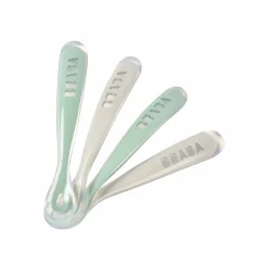 BÉABA Lot de 4 cuillères 1er âge silicone Gris velours/Vert sauge< Couverts Vaisselle Et Bavoirs